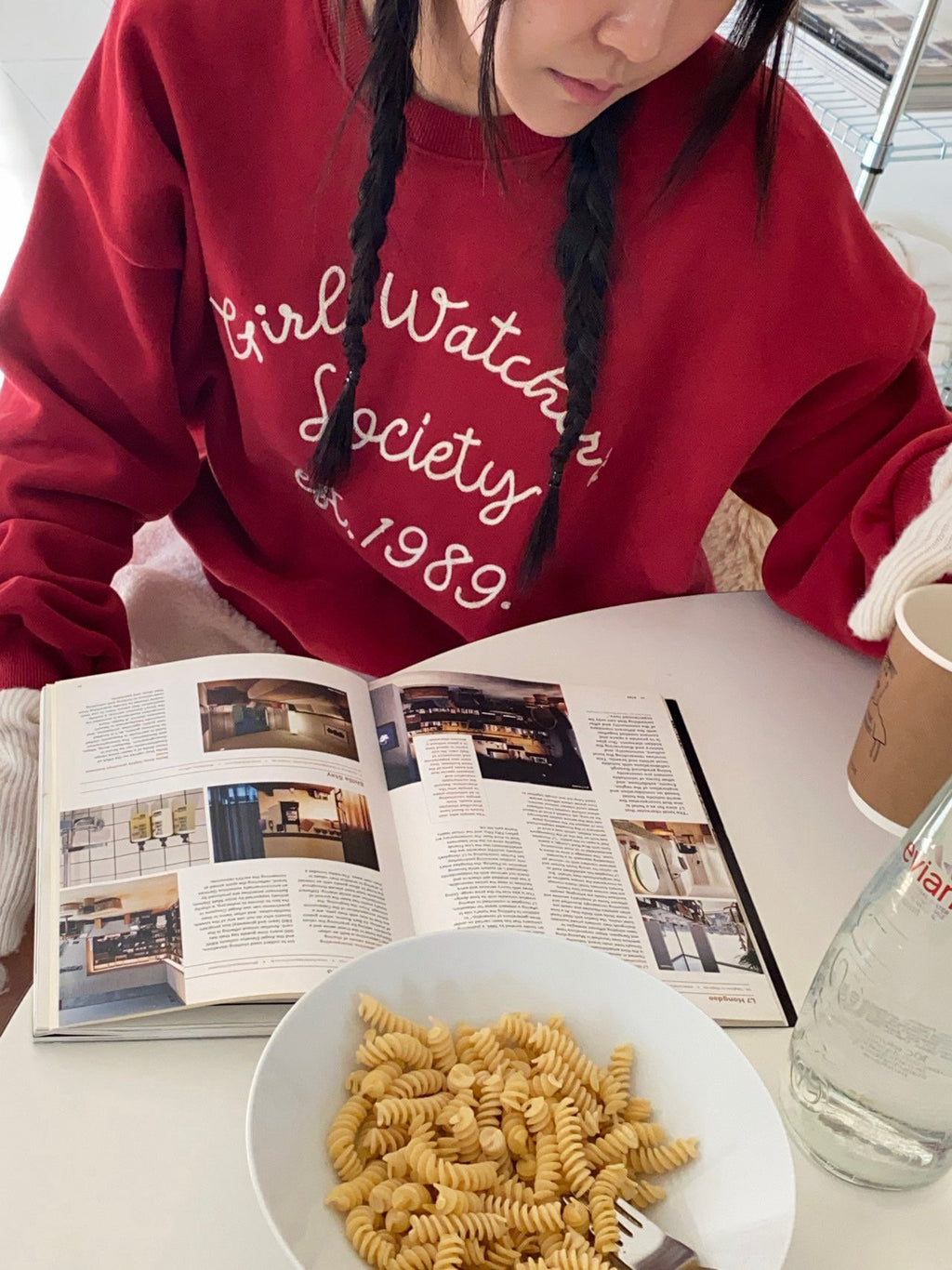 Girl Watcher Society Embroidery Cozy Brushed Fleece Sweatshirt Made in Korea