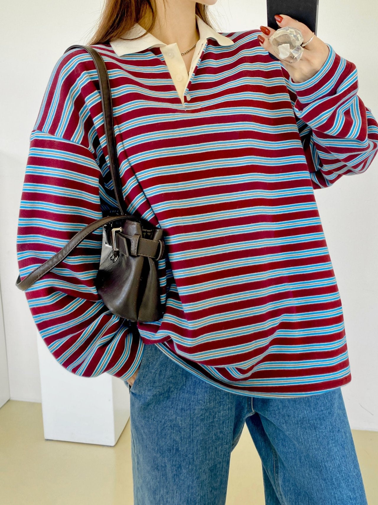 Classic Retro Stripe Collar Long Sleeve Tee