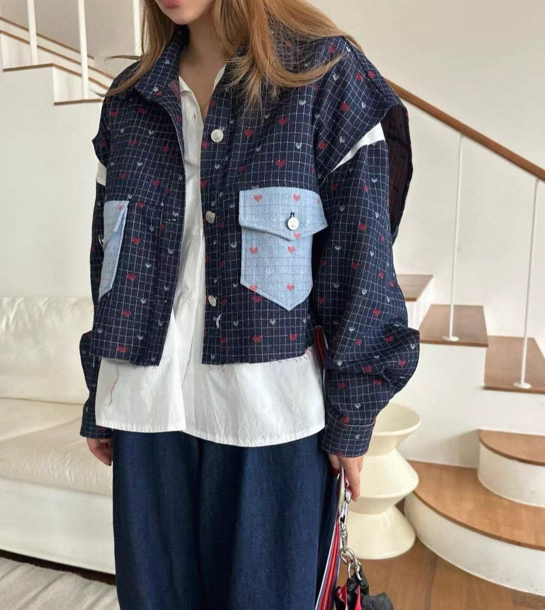 Heart Patch Denim Vest & Shirt Set