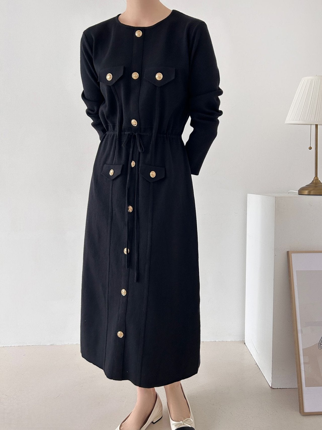 Gold Button Knit Midi Dress