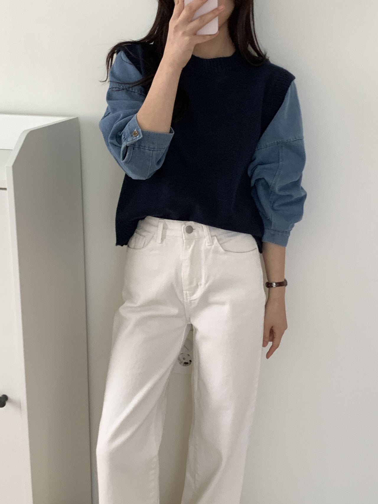 Denim Contrast Knit Pullover — Two-Tone Sleeve Layered Top