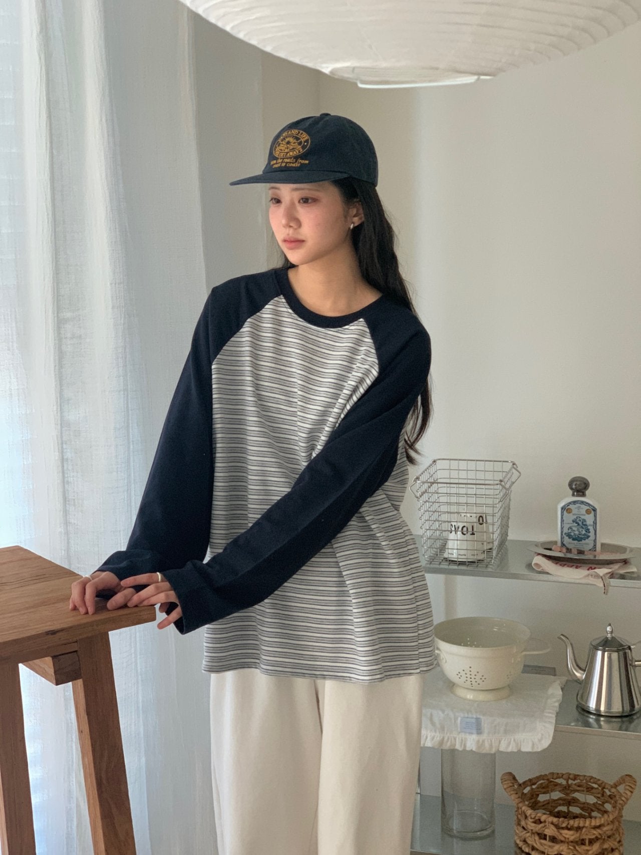 Soft Stripe Raglan Long Sleeve Tee Made in Korea 100% cotton