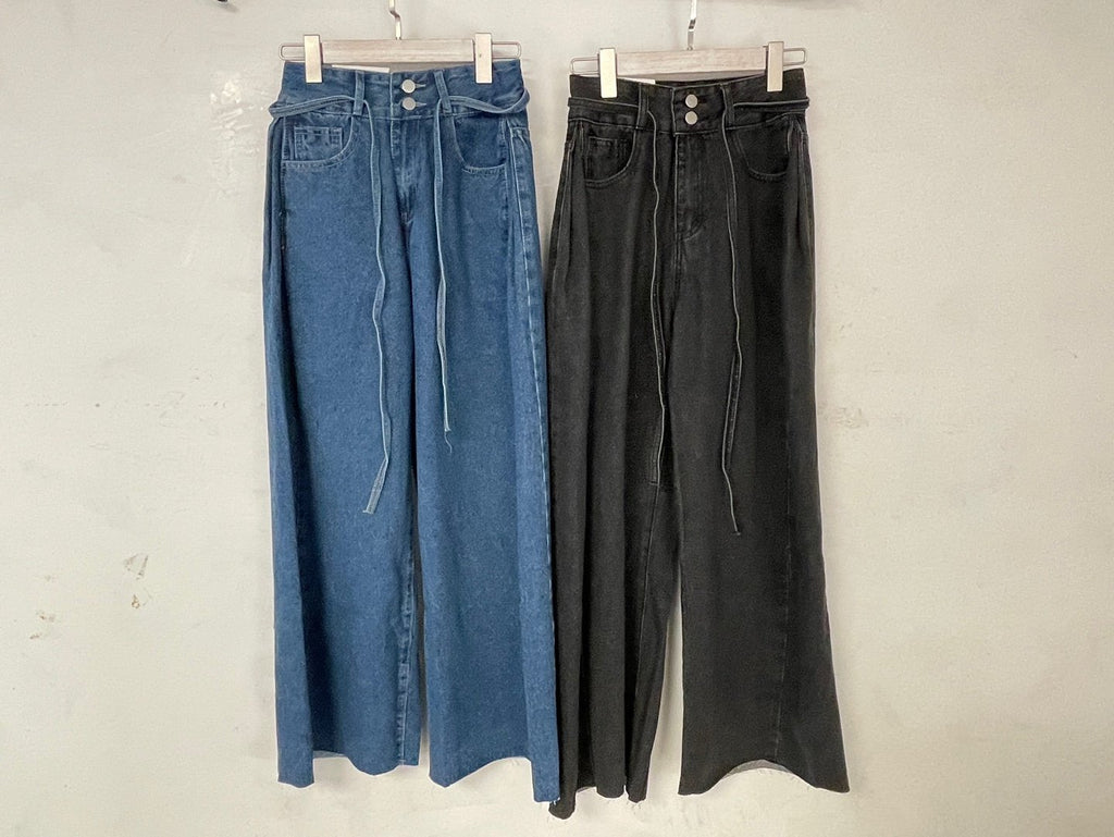 Two-Button Belted Wide Denim Pants