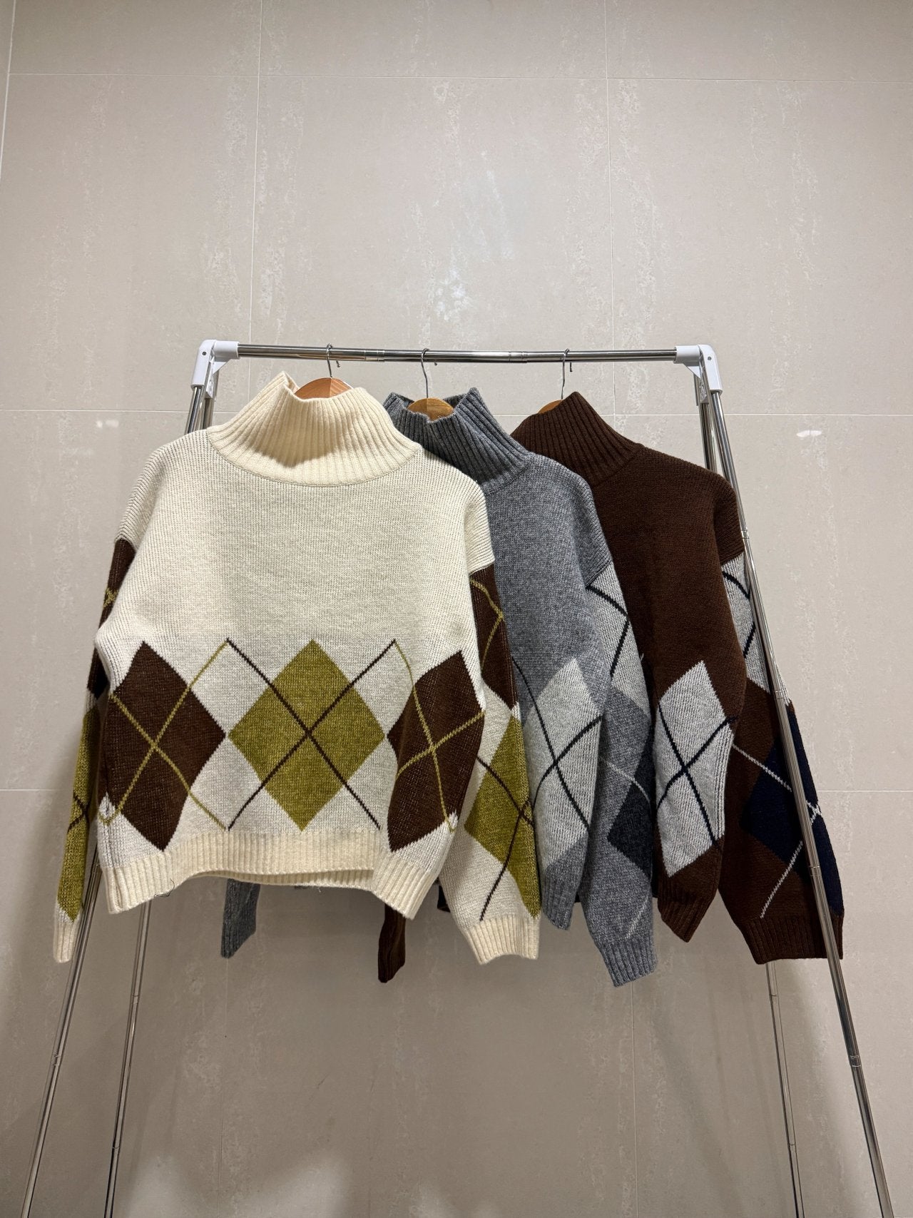 Argyle Cozy High-Neck Knit Sweater