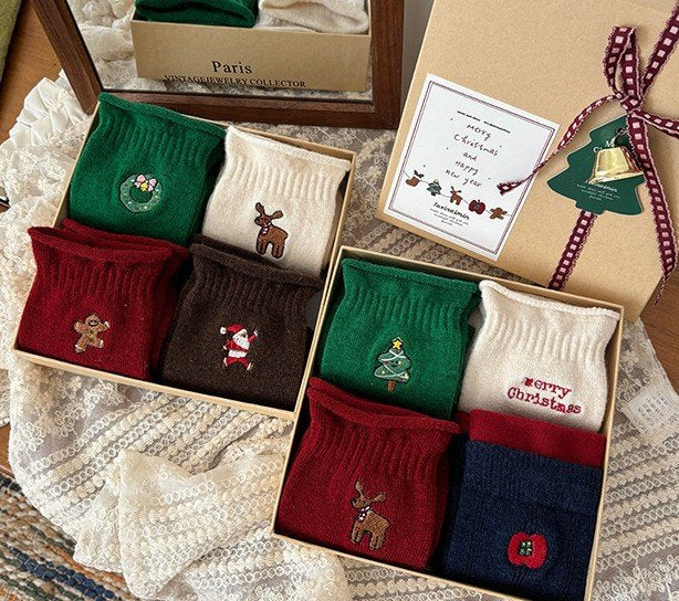 Holiday Cozy Embroidery Socks – 4-Pair Gift Box Set