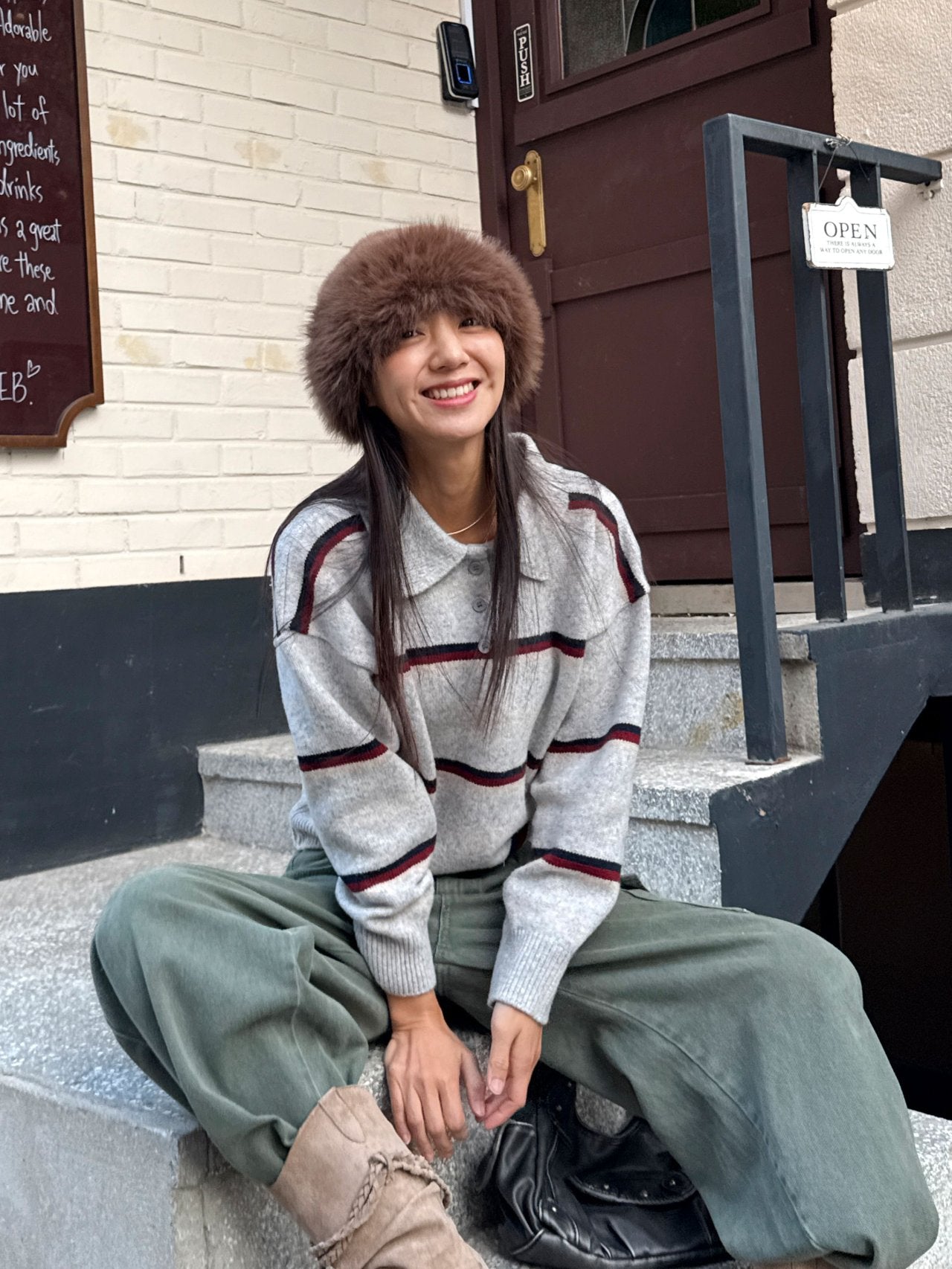 Cozy Stripe Collar Knit Gray, Brown, Navy