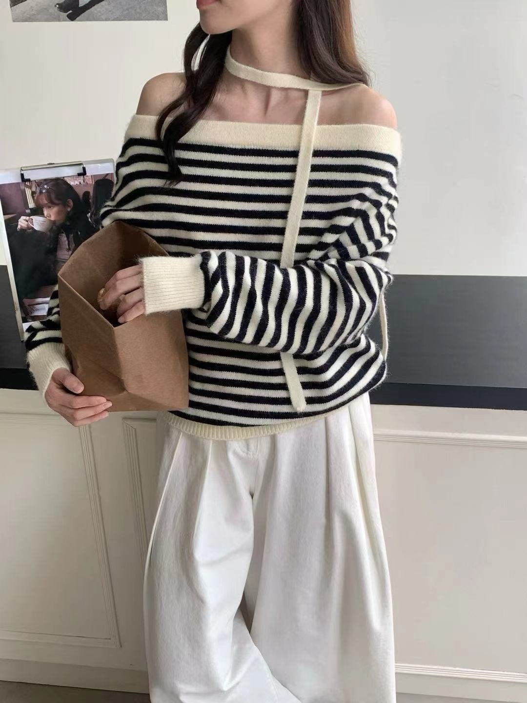 Off-Shoulder Tie Strap Stripe Knit Sweater