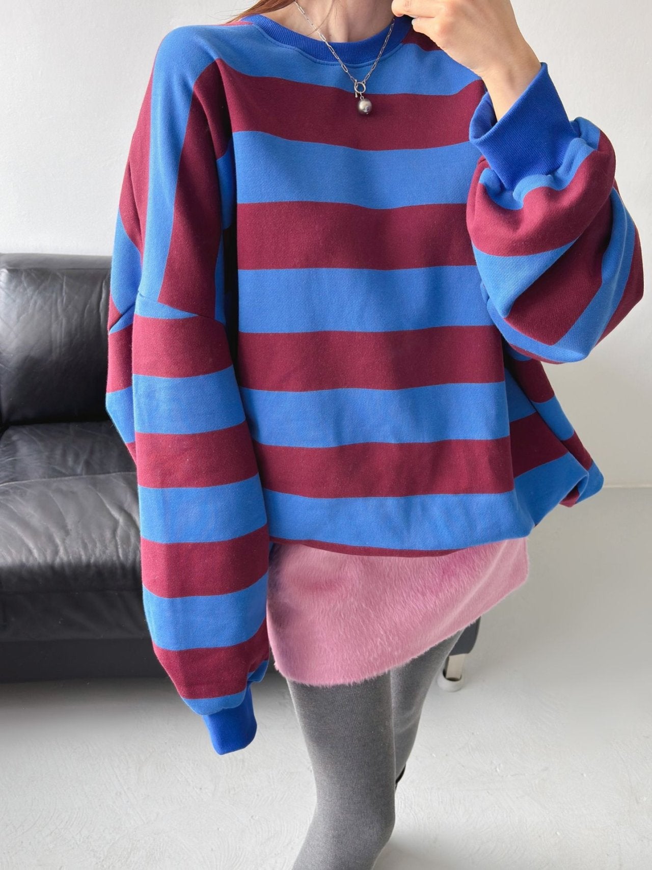 Color Block Cozy Stripe Fleece Oversize Sweatshirt