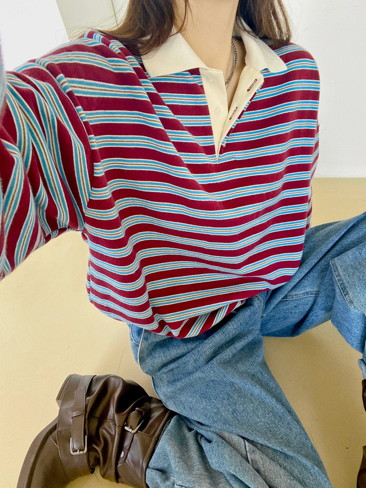 Classic Retro Stripe Collar Long Sleeve Tee