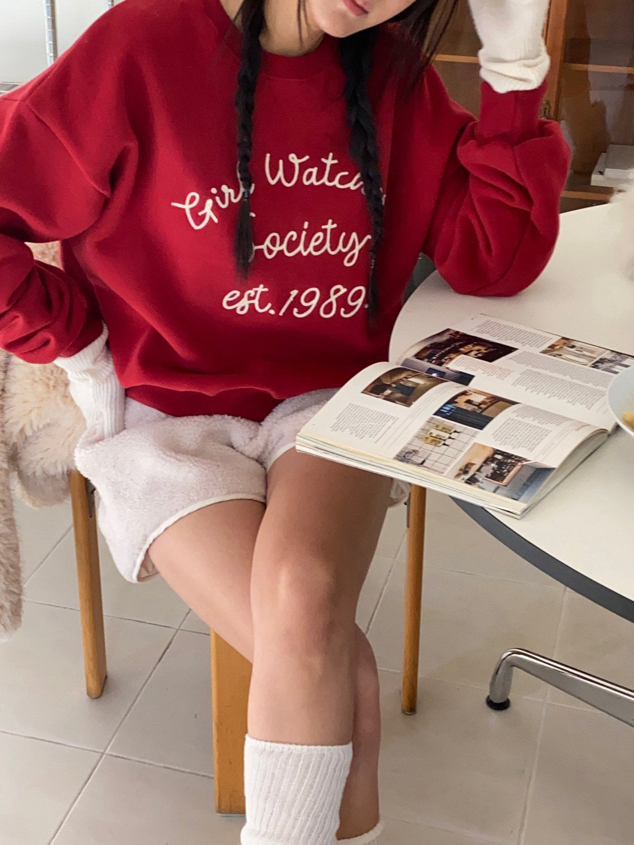 Girl Watcher Society Embroidery Cozy Brushed Fleece Sweatshirt Made in Korea