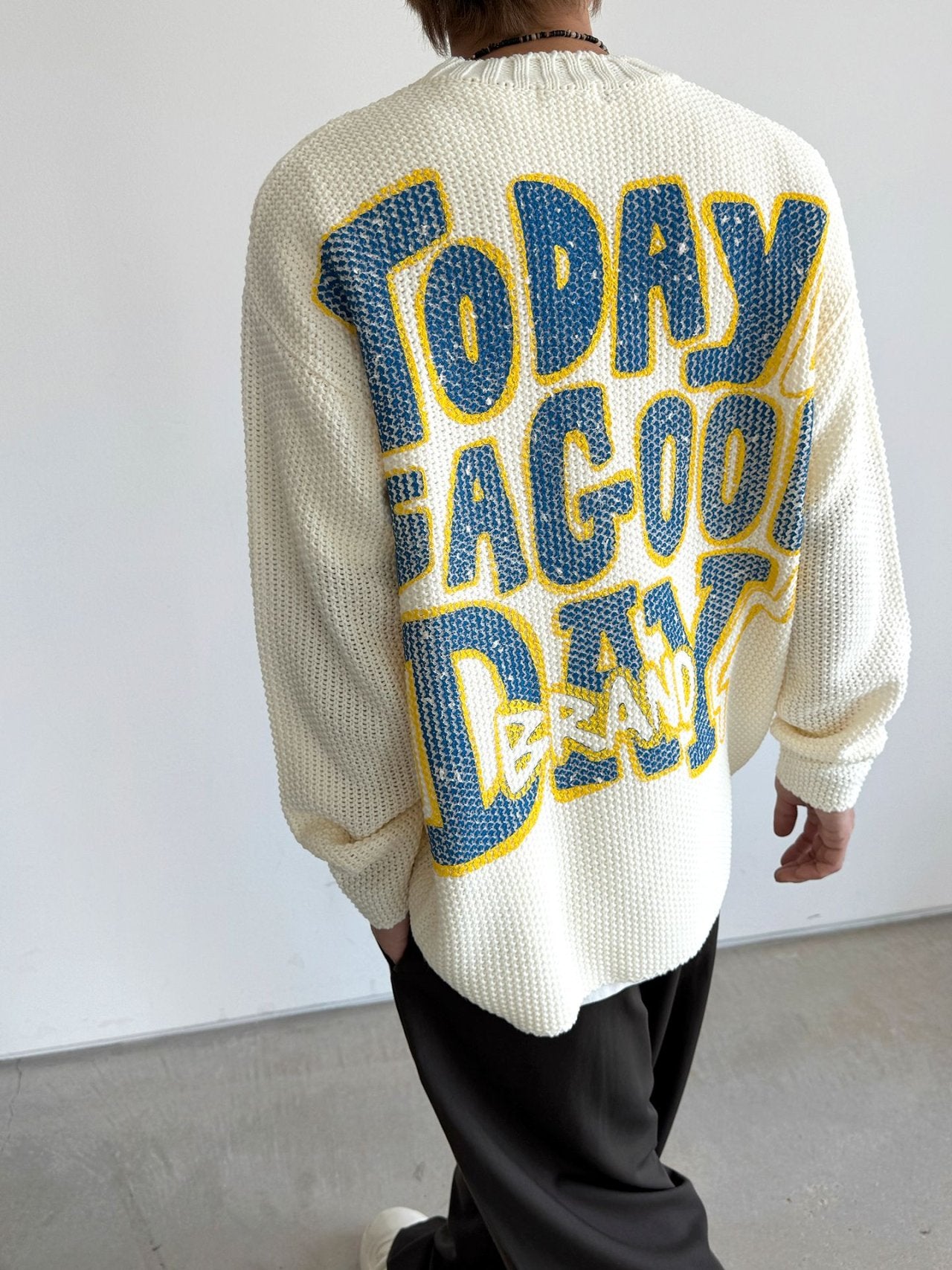 Embossed Good Day Graphic Heavy Knit Sweater Made in Korea