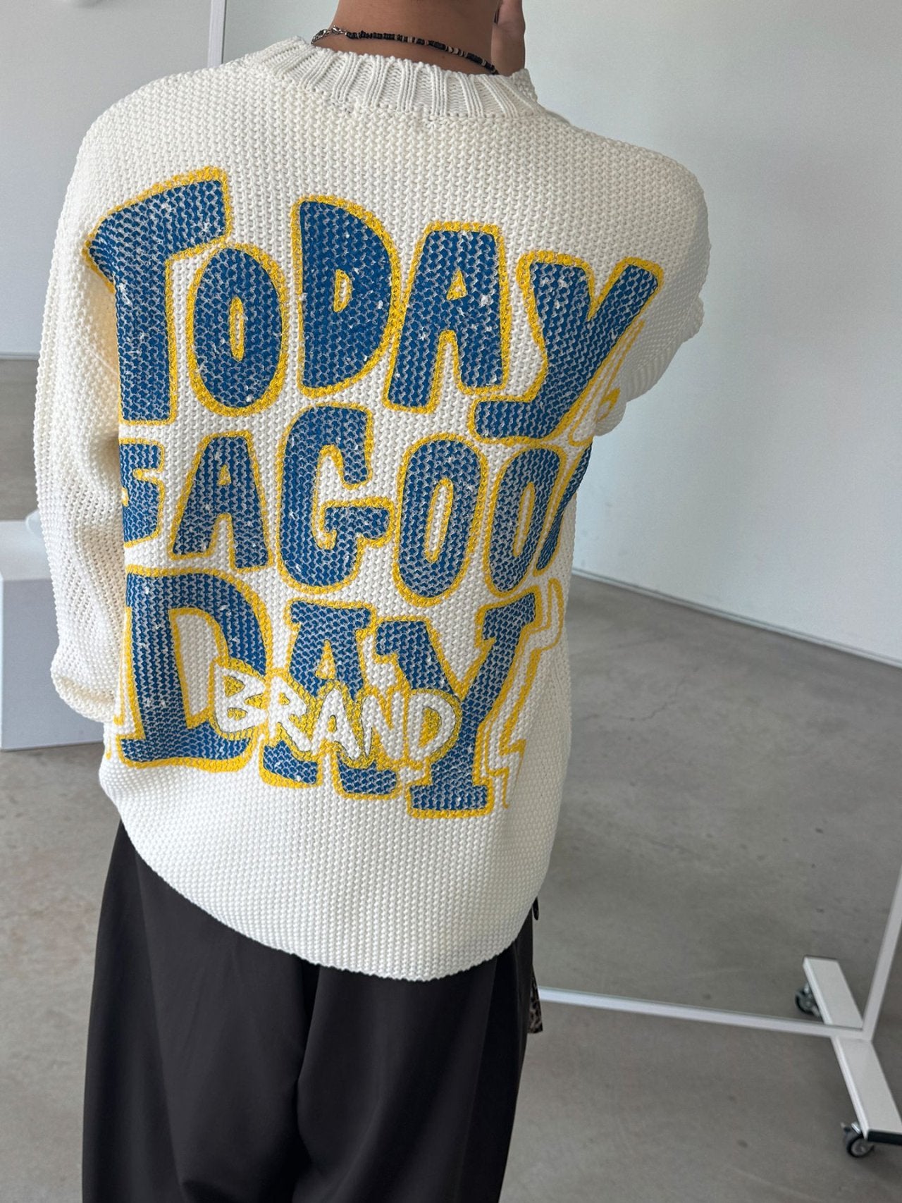 Embossed Good Day Graphic Heavy Knit Sweater Made in Korea