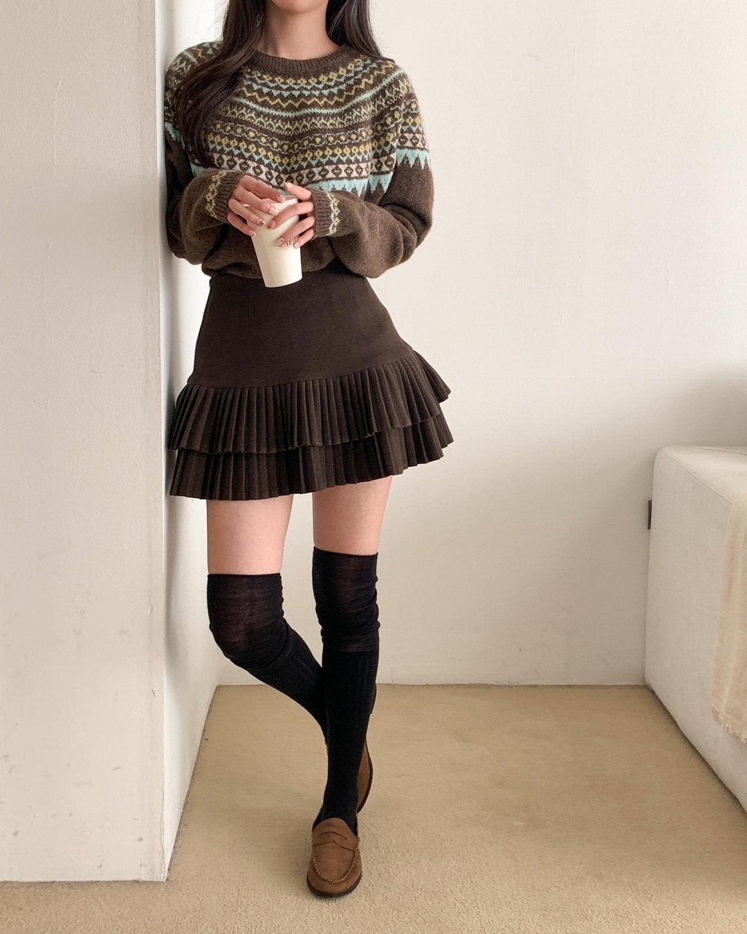 Two-Tier Pleated Wool Mini Skirt