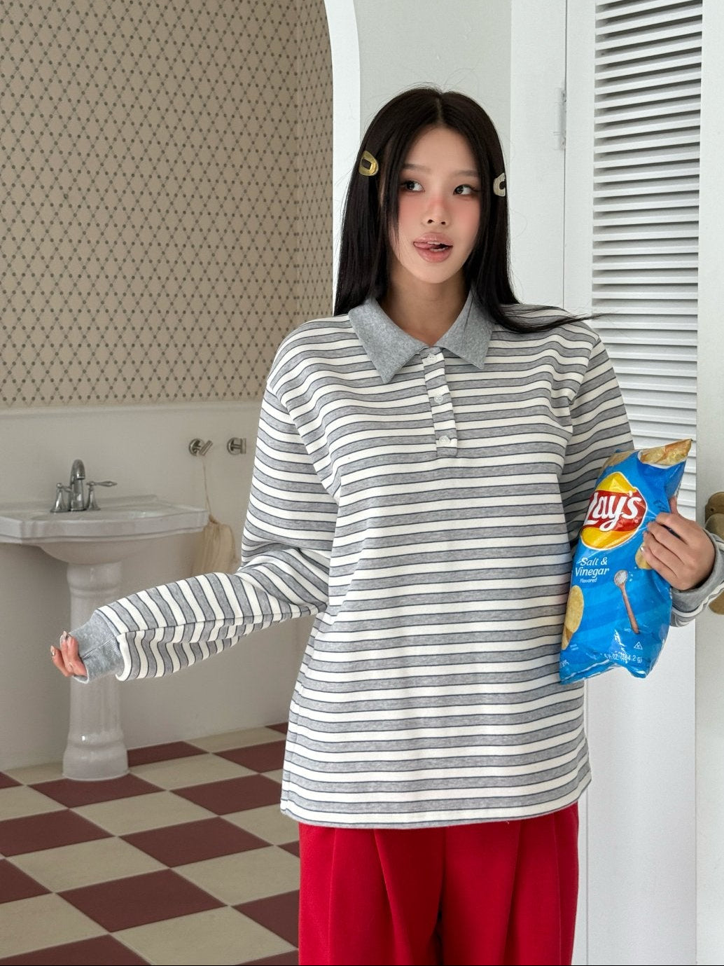 Brushed Fleece Cookie Collar Striped Long Sleeve