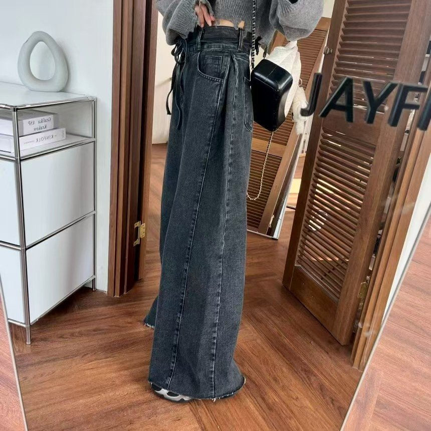 Two-Button Belted Wide Denim Pants