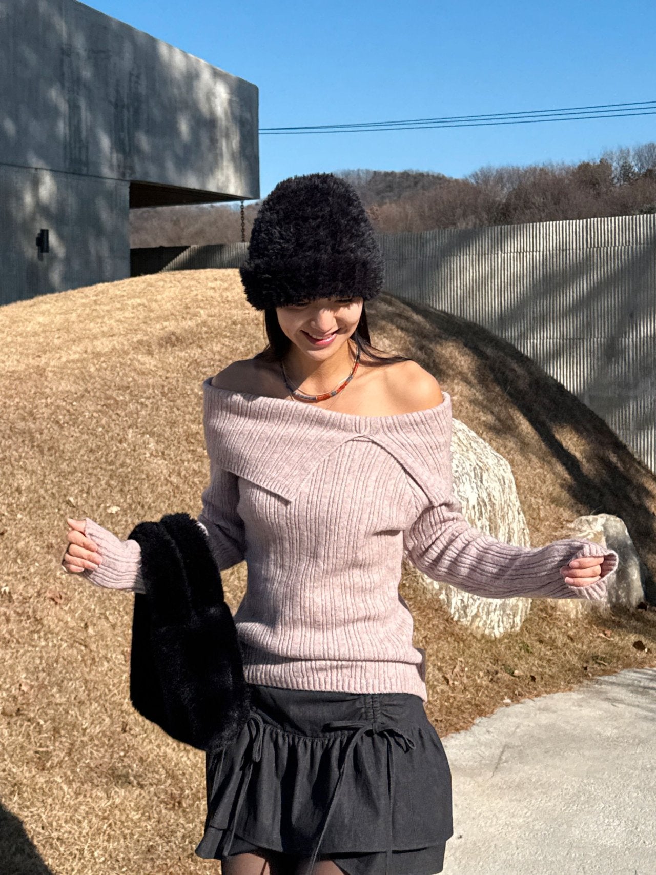 Soft Muse Off-Shoulder Rib Knit Top Wool Blend Made in Korea