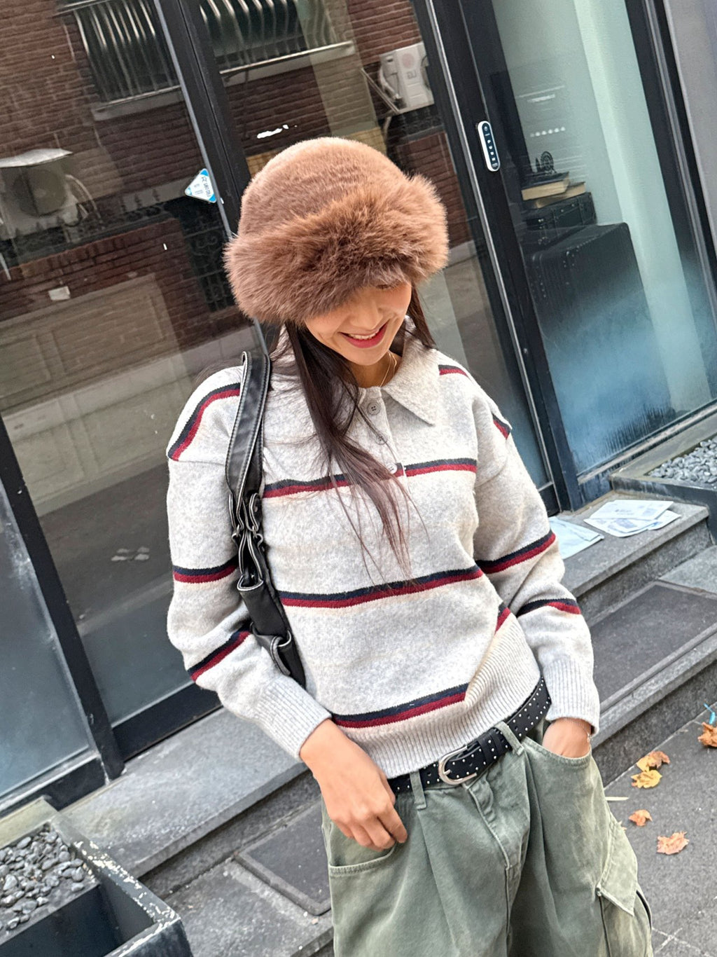 Cozy Stripe Collar Knit Gray, Brown, Navy