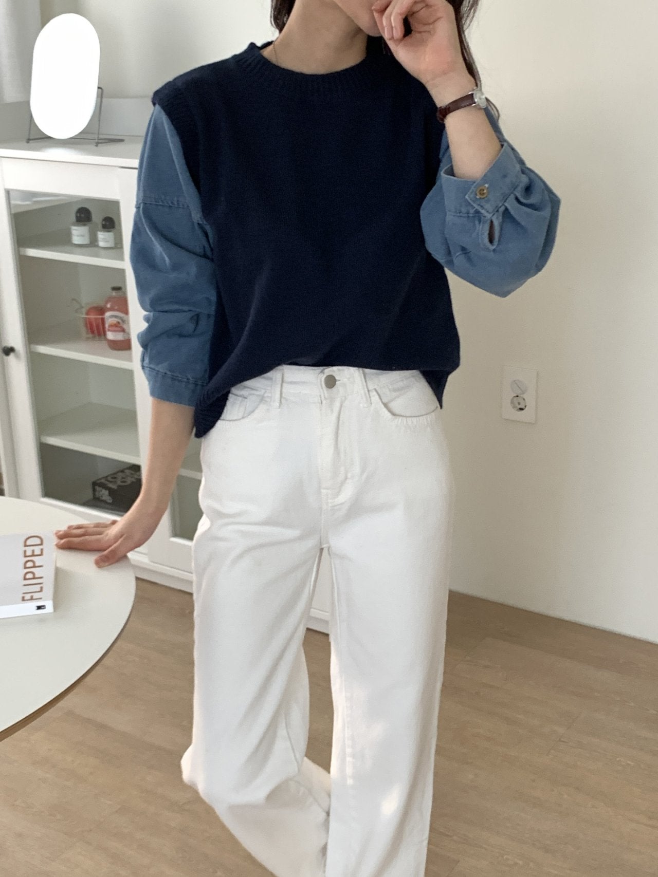 Denim Contrast Knit Pullover — Two-Tone Sleeve Layered Top