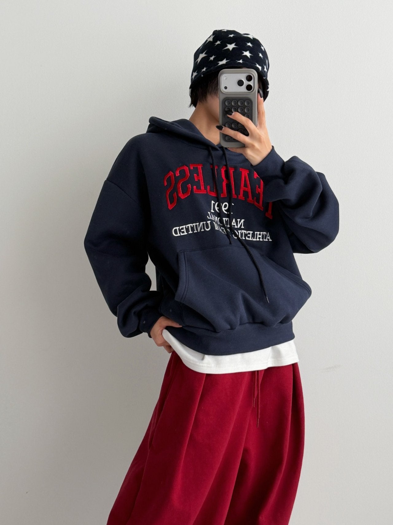 Fearless Embroidered Fleece Hoodie Made in Korea