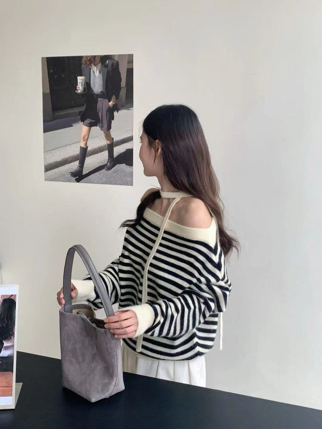 Off-Shoulder Tie Strap Stripe Knit Sweater