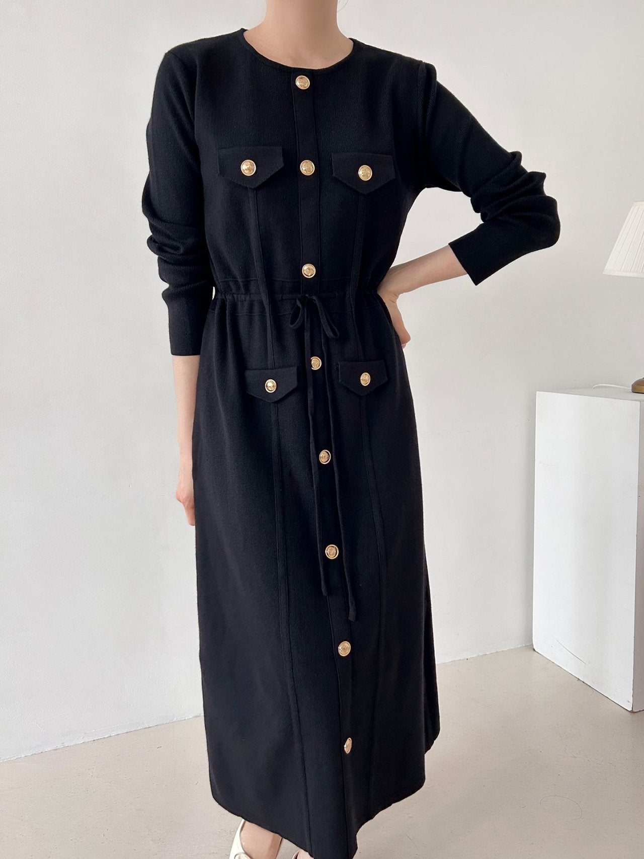 Gold Button Knit Midi Dress