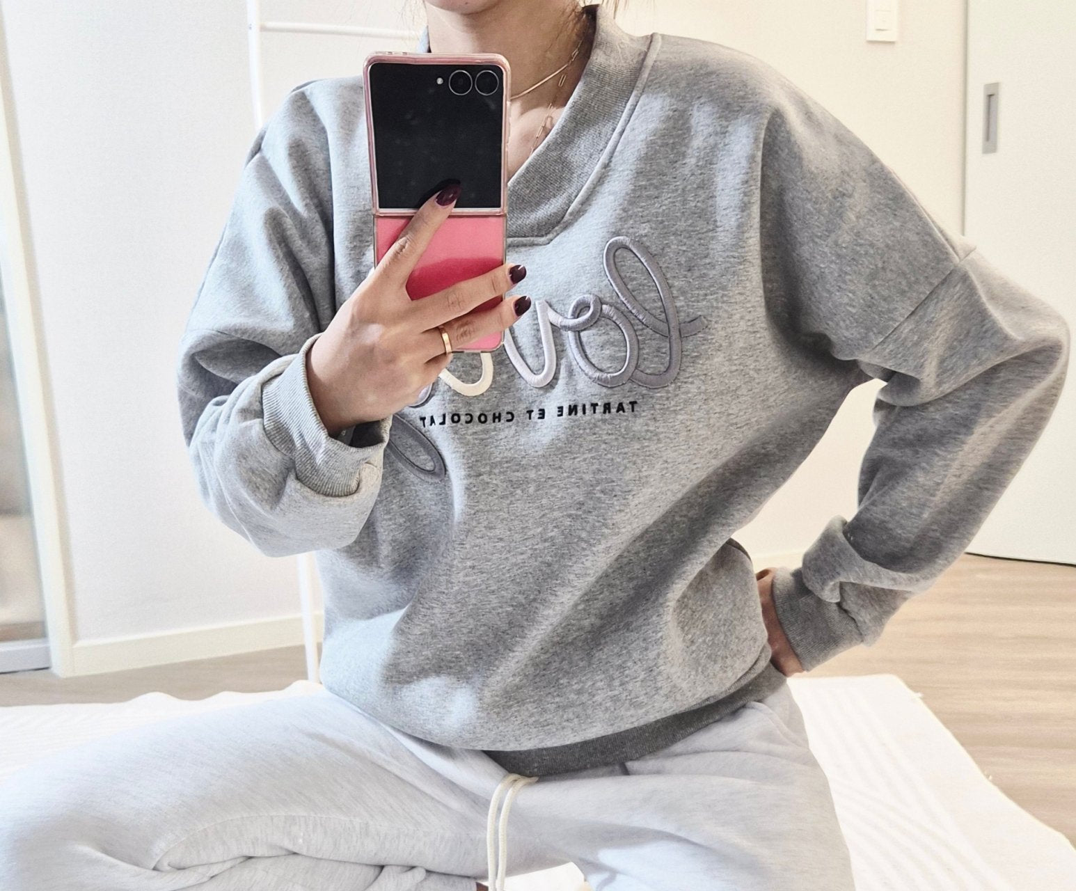 Lovely V-Neck Embroidered Sweatshirt – Made in Korea
