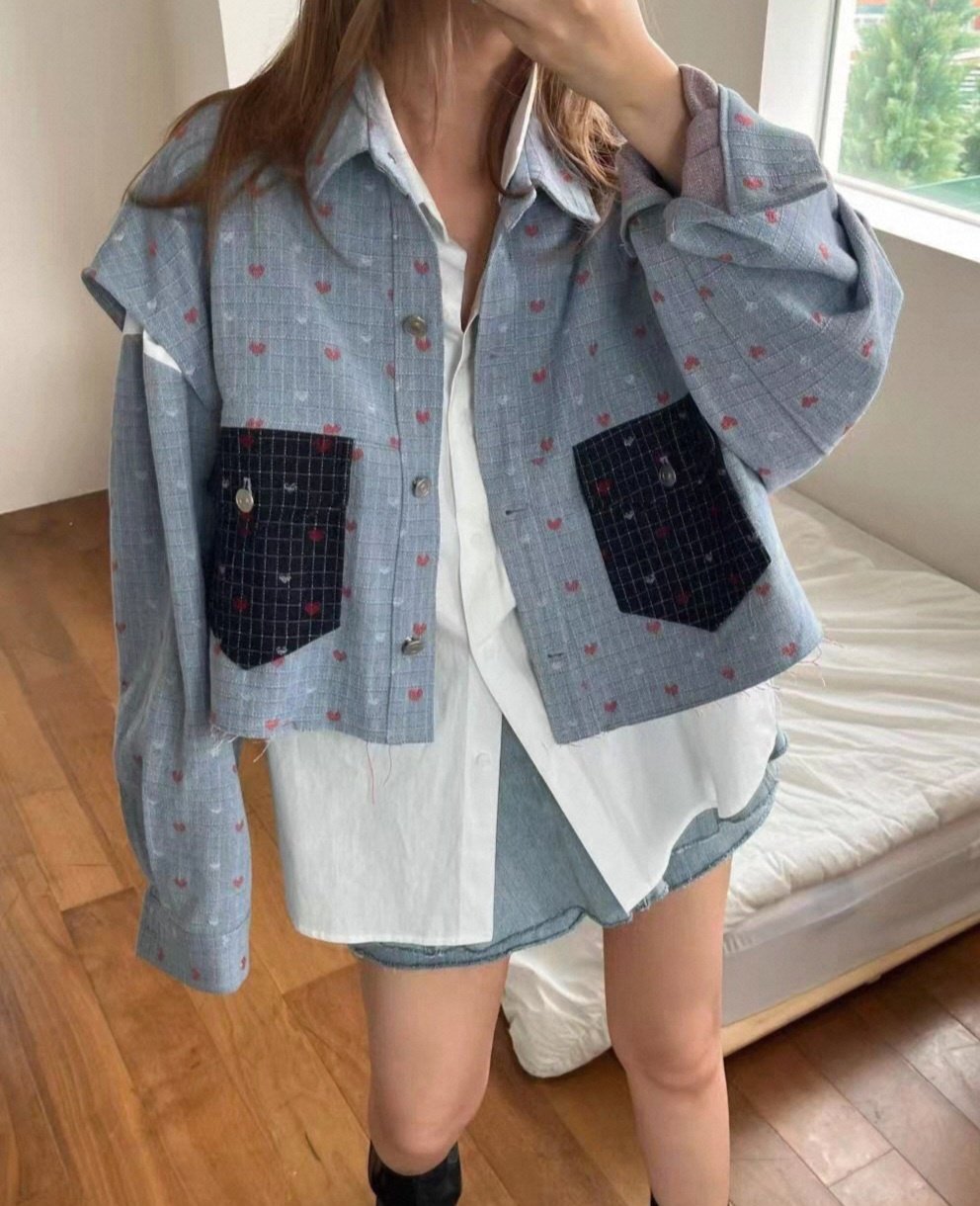 Heart Patch Denim Vest & Shirt Set