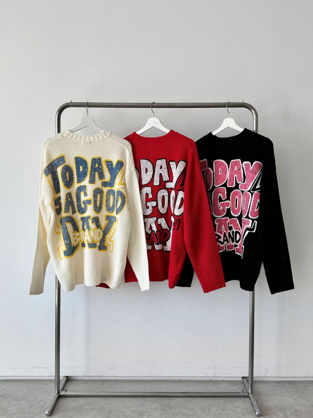 Embossed Good Day Graphic Heavy Knit Sweater Made in Korea