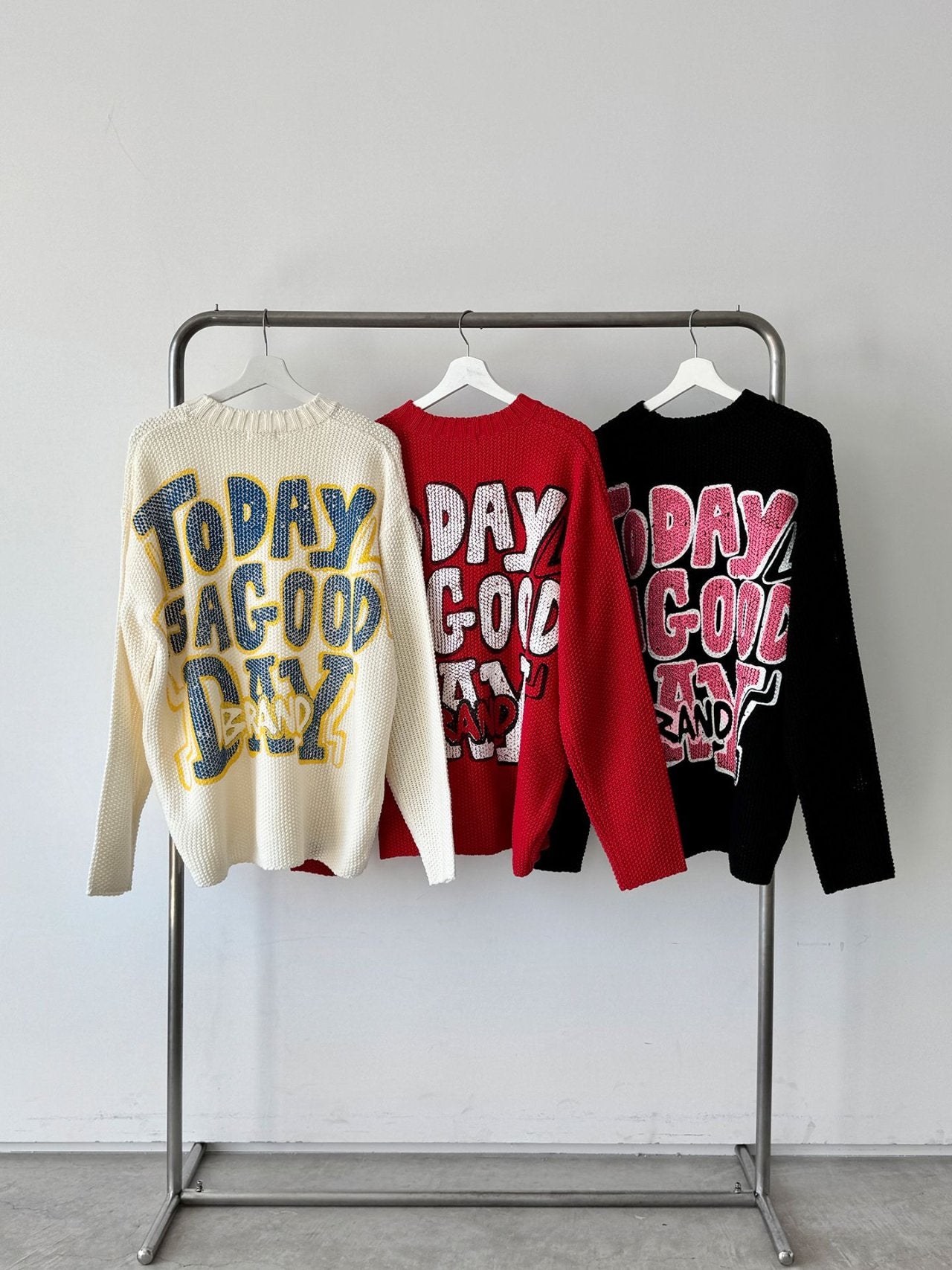 Embossed Good Day Graphic Heavy Knit Sweater Made in Korea