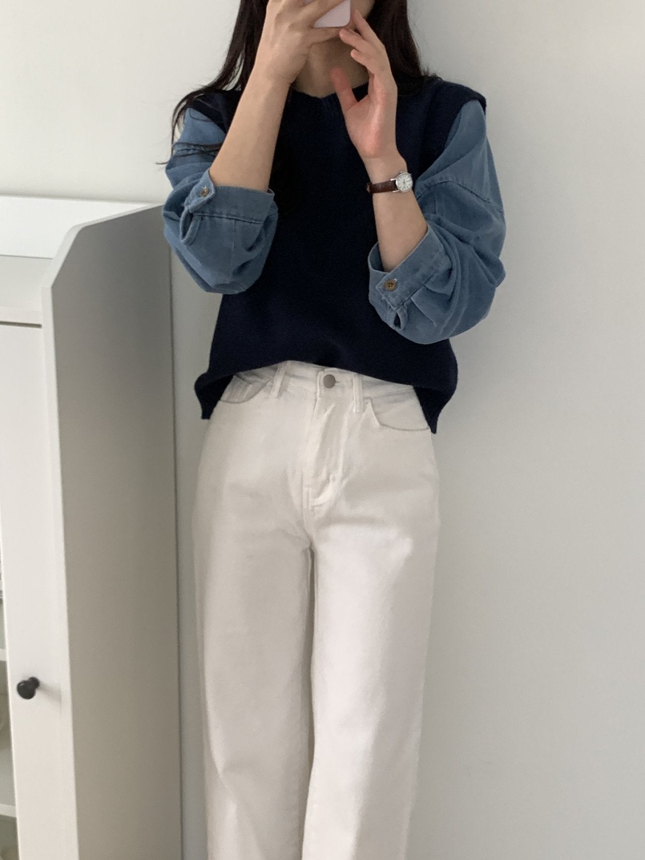 Denim Contrast Knit Pullover — Two-Tone Sleeve Layered Top