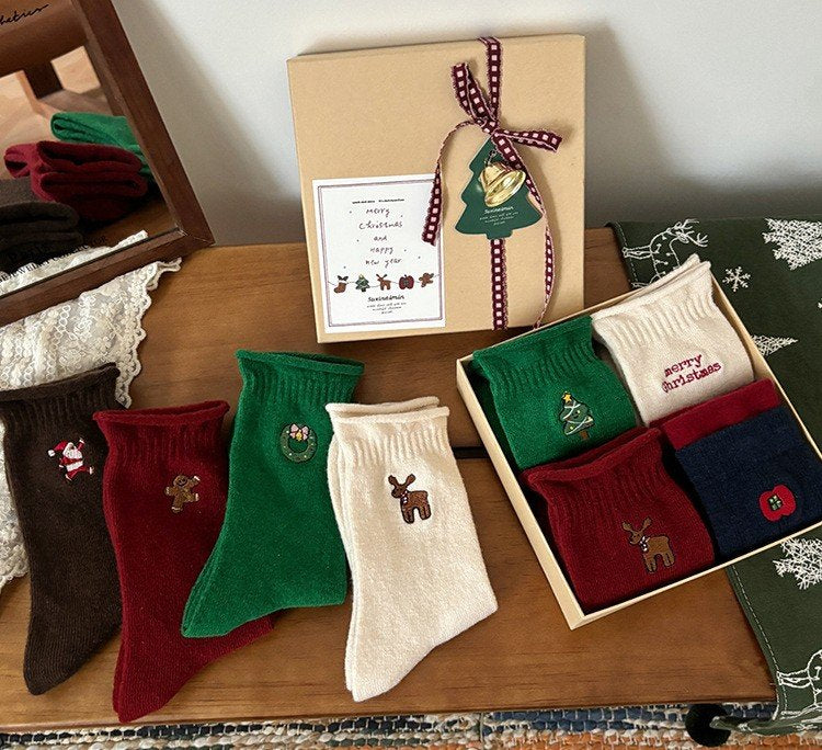 Holiday Cozy Embroidery Socks – 4-Pair Gift Box Set