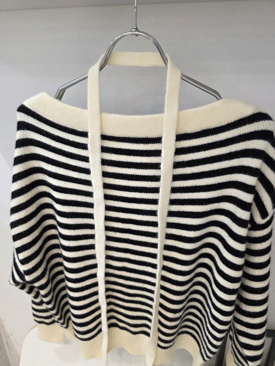 Off-Shoulder Tie Strap Stripe Knit Sweater