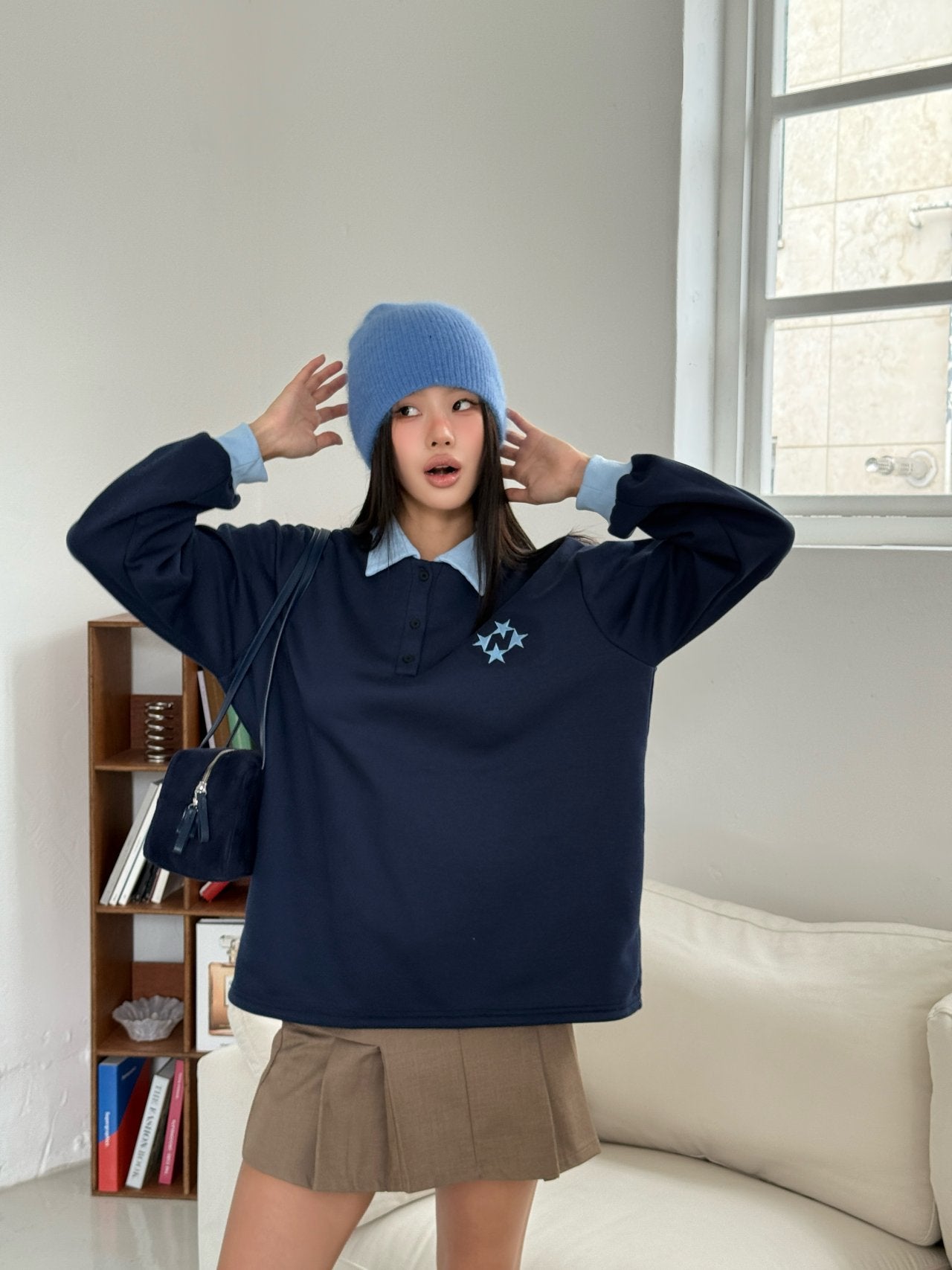 Winter Fleece Contrast-Collar Long-Sleeve Top