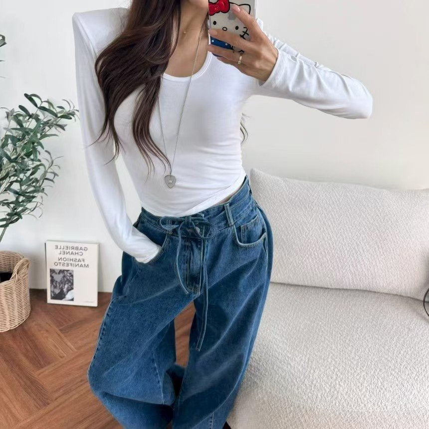 Two-Button Belted Wide Denim Pants