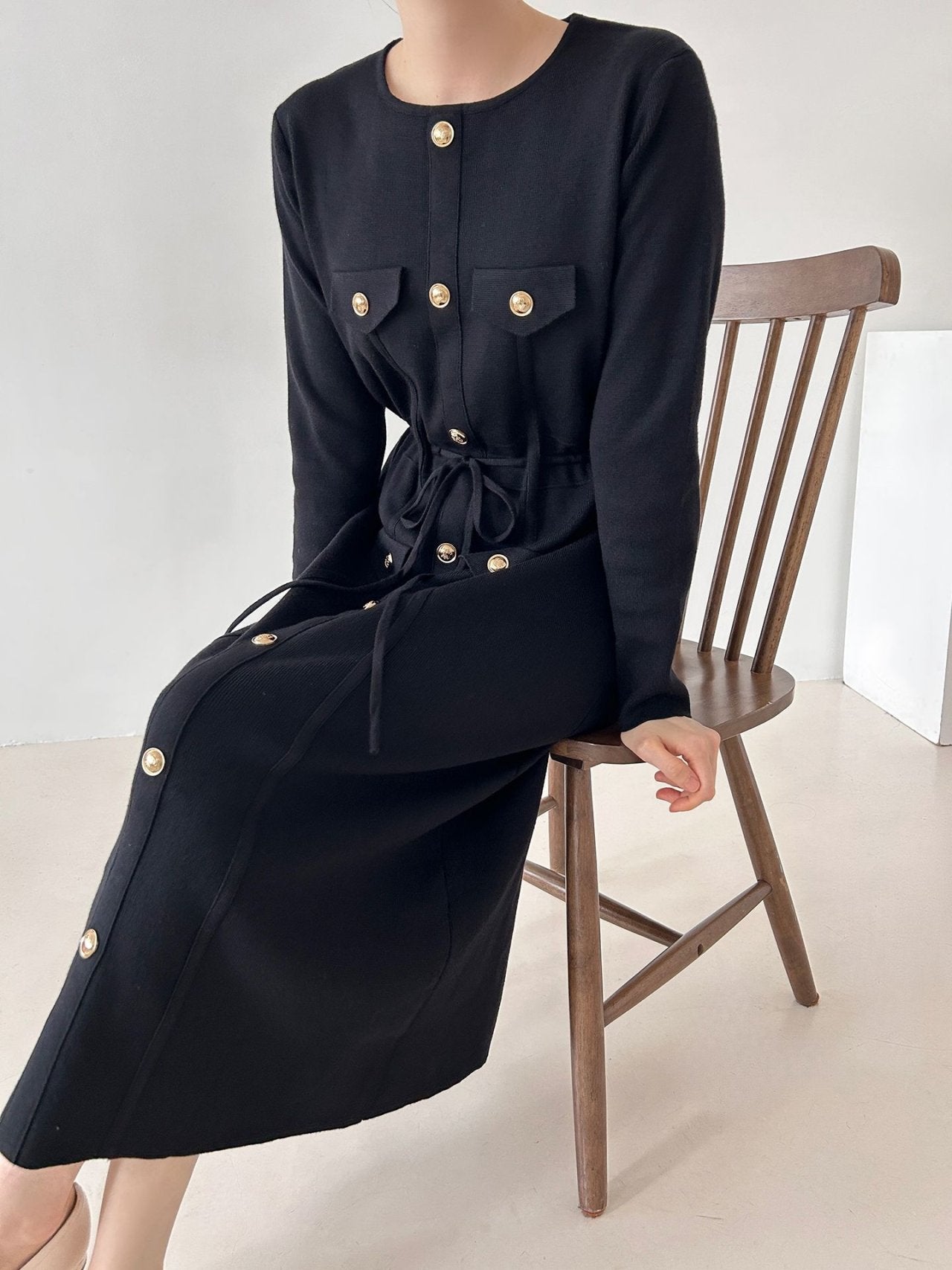 Gold Button Knit Midi Dress