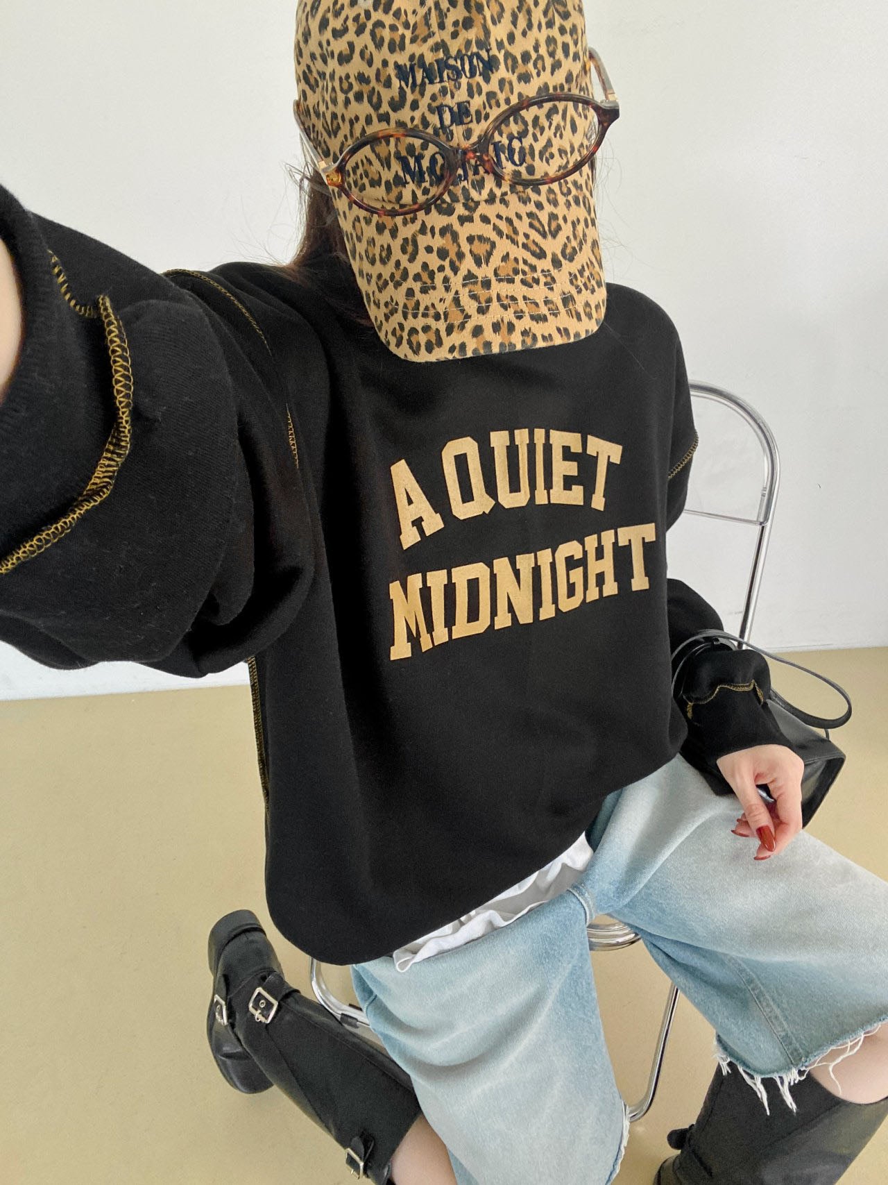 A Quiet Midnight Contrast Stitch Sweatshirt