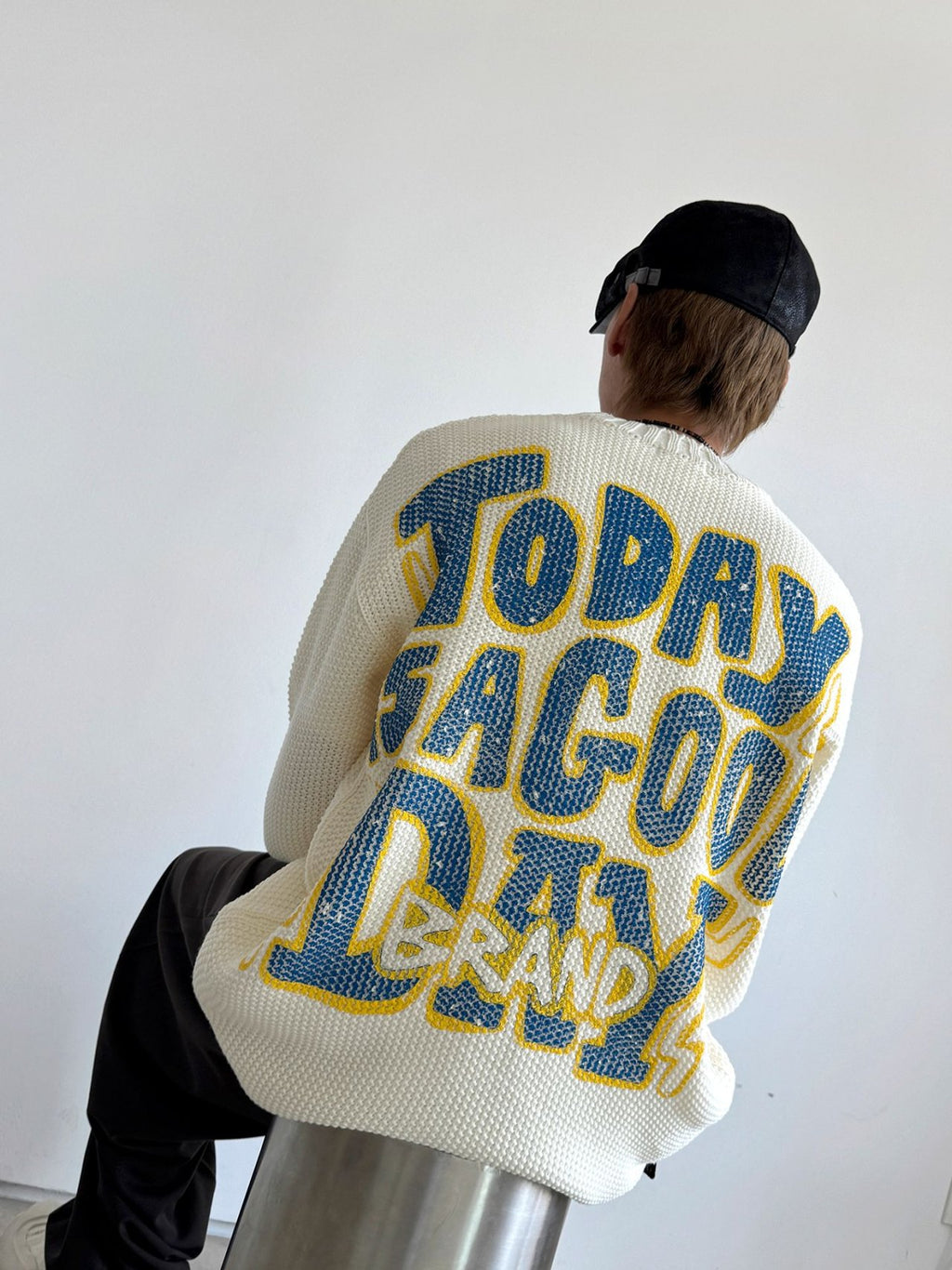 Embossed Good Day Graphic Heavy Knit Sweater Made in Korea