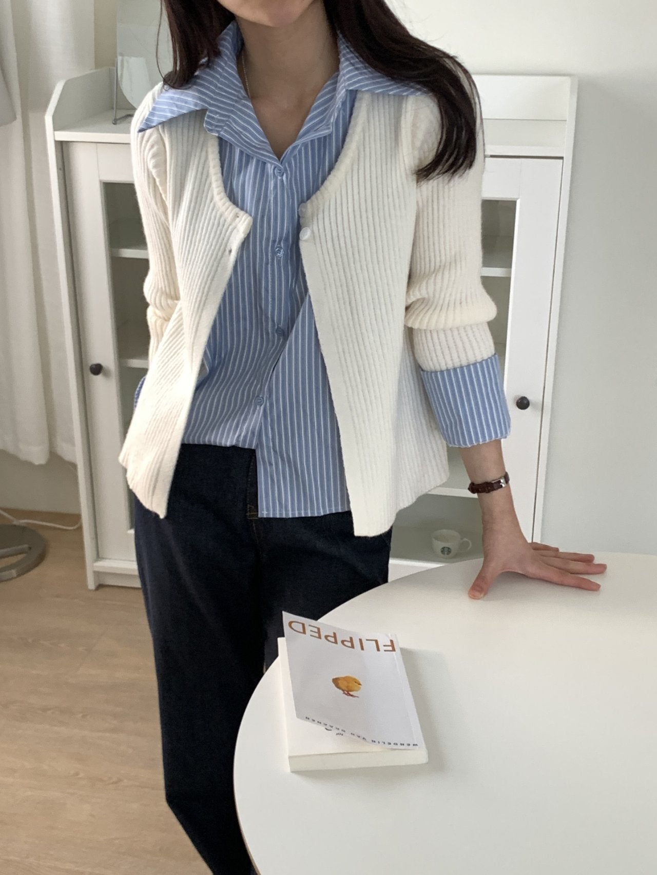 Layered Stripe-Collar Knit Cardigan Top