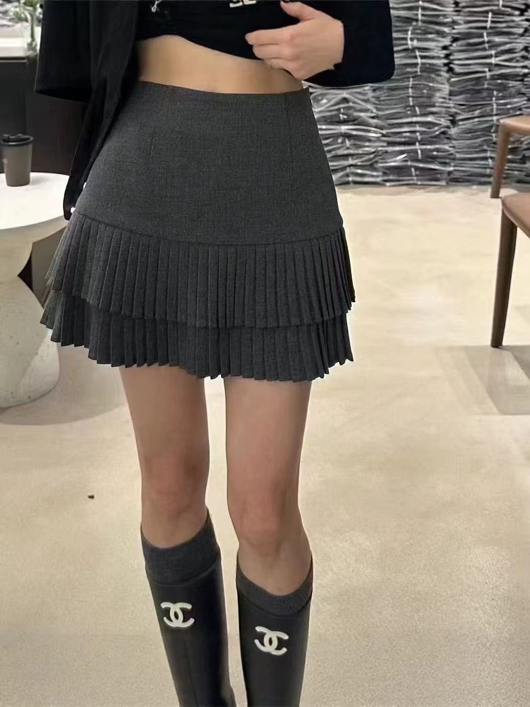 Two-Tier Pleated Wool Mini Skirt