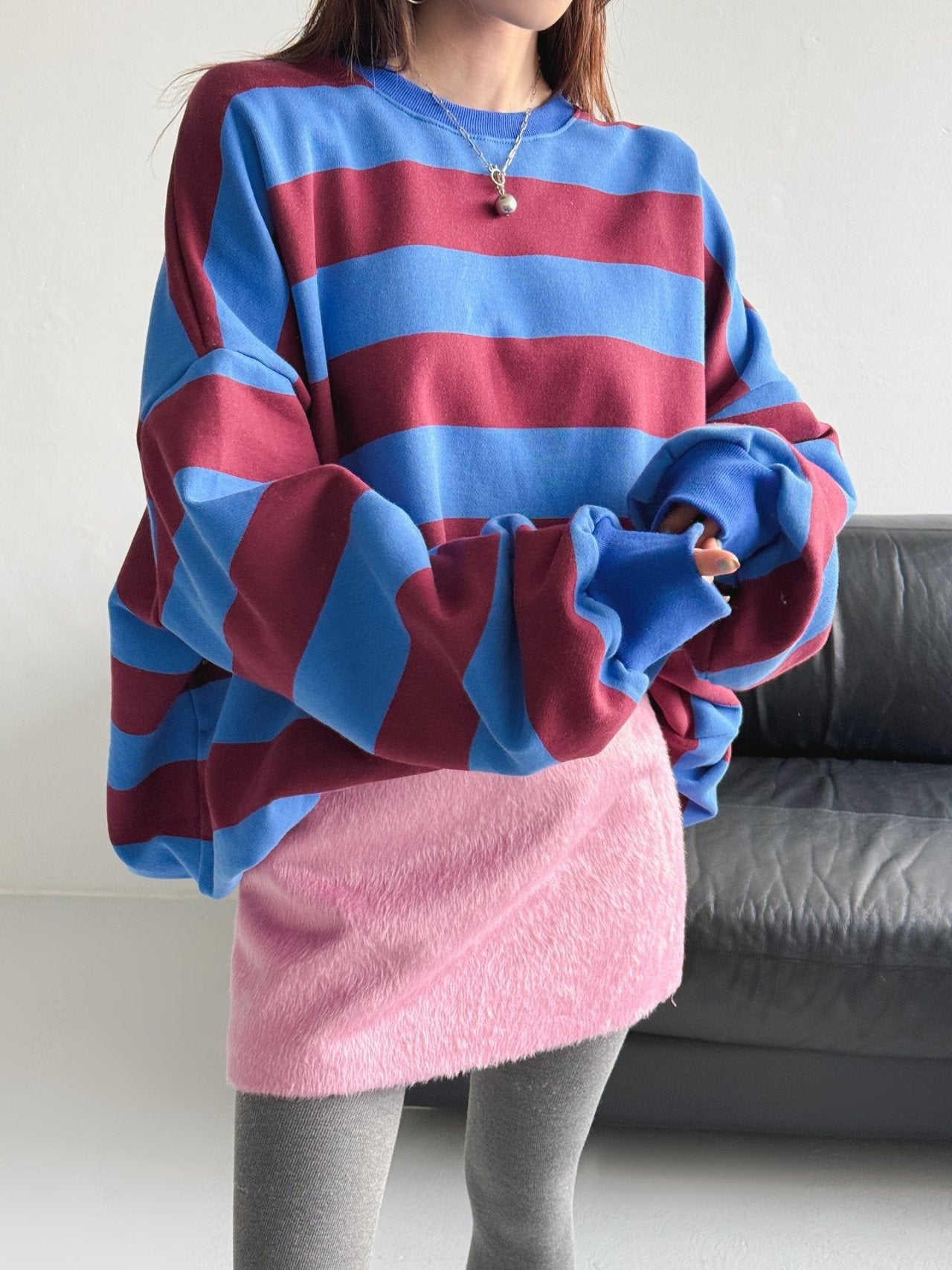 Color Block Cozy Stripe Fleece Oversize Sweatshirt