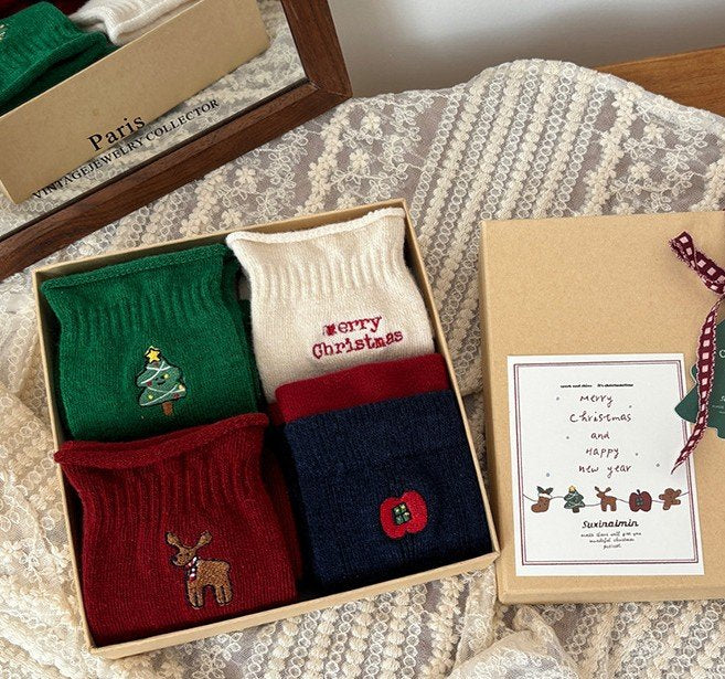 Holiday Cozy Embroidery Socks – 4-Pair Gift Box Set