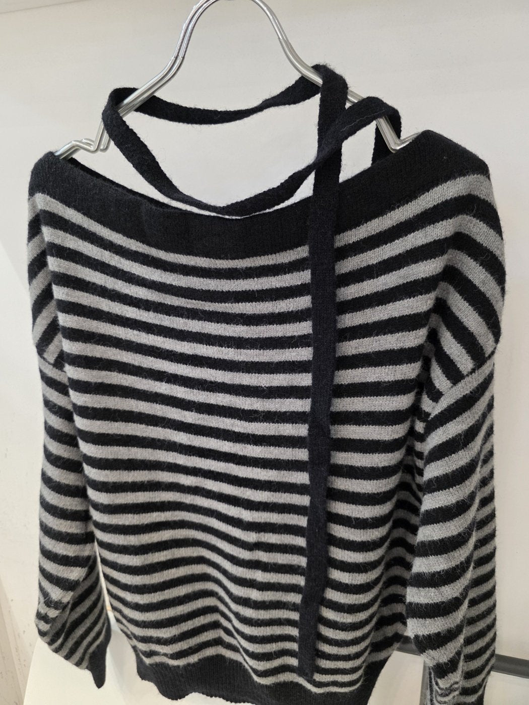 Off-Shoulder Tie Strap Stripe Knit Sweater