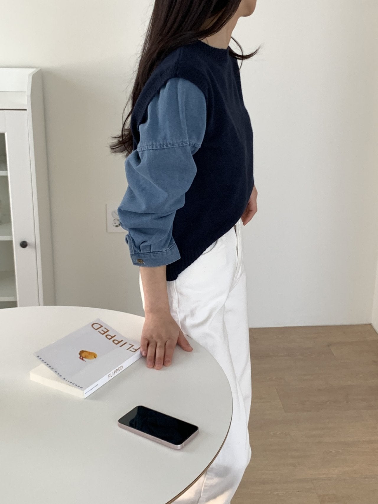 Denim Contrast Knit Pullover — Two-Tone Sleeve Layered Top