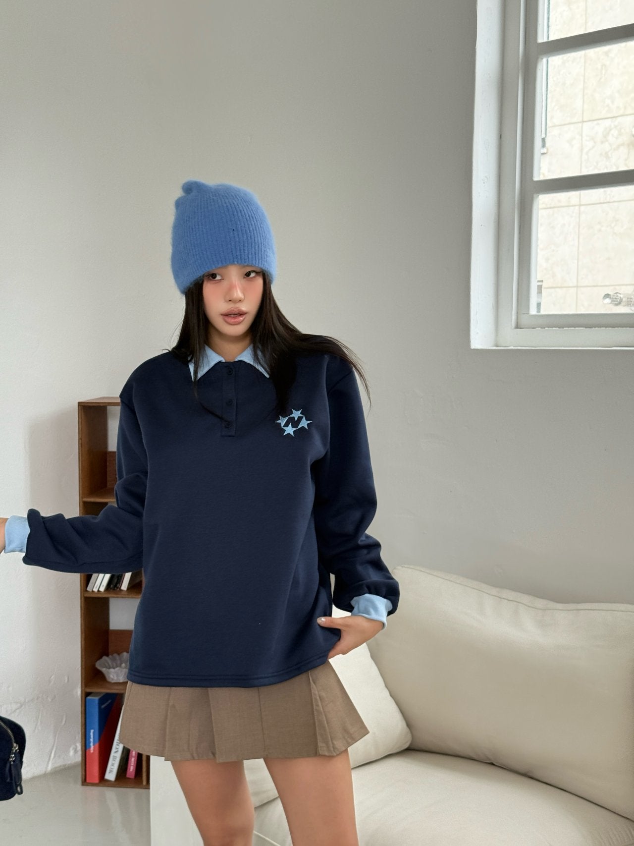 Winter Fleece Contrast-Collar Long-Sleeve Top