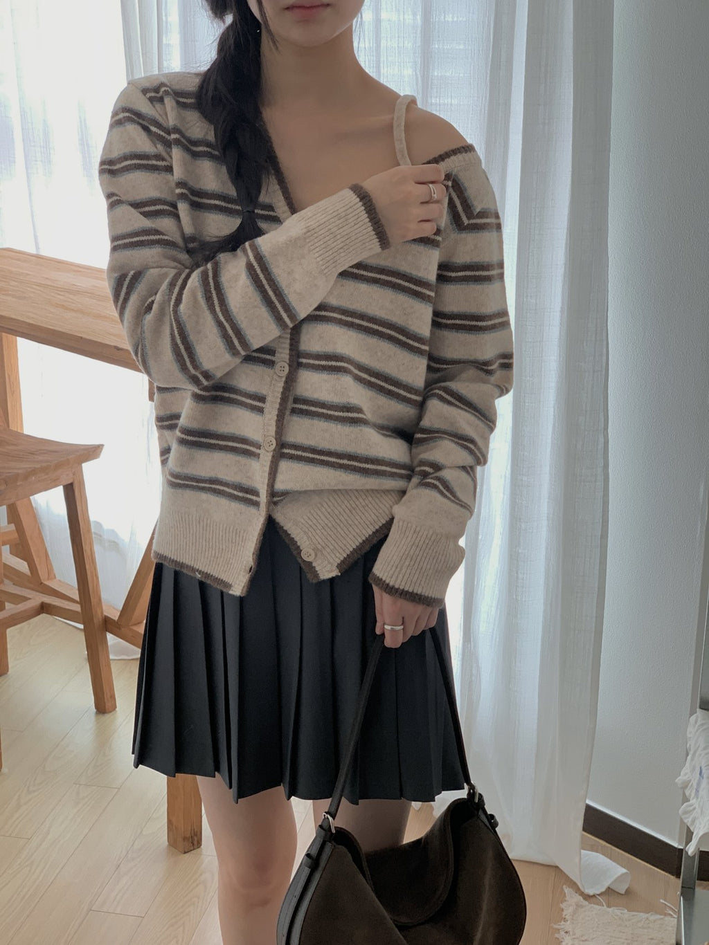 Soft Mood One-Shoulder Off Stripe Cardigan Wool Blend Made in Korea - Luckyplanetusa