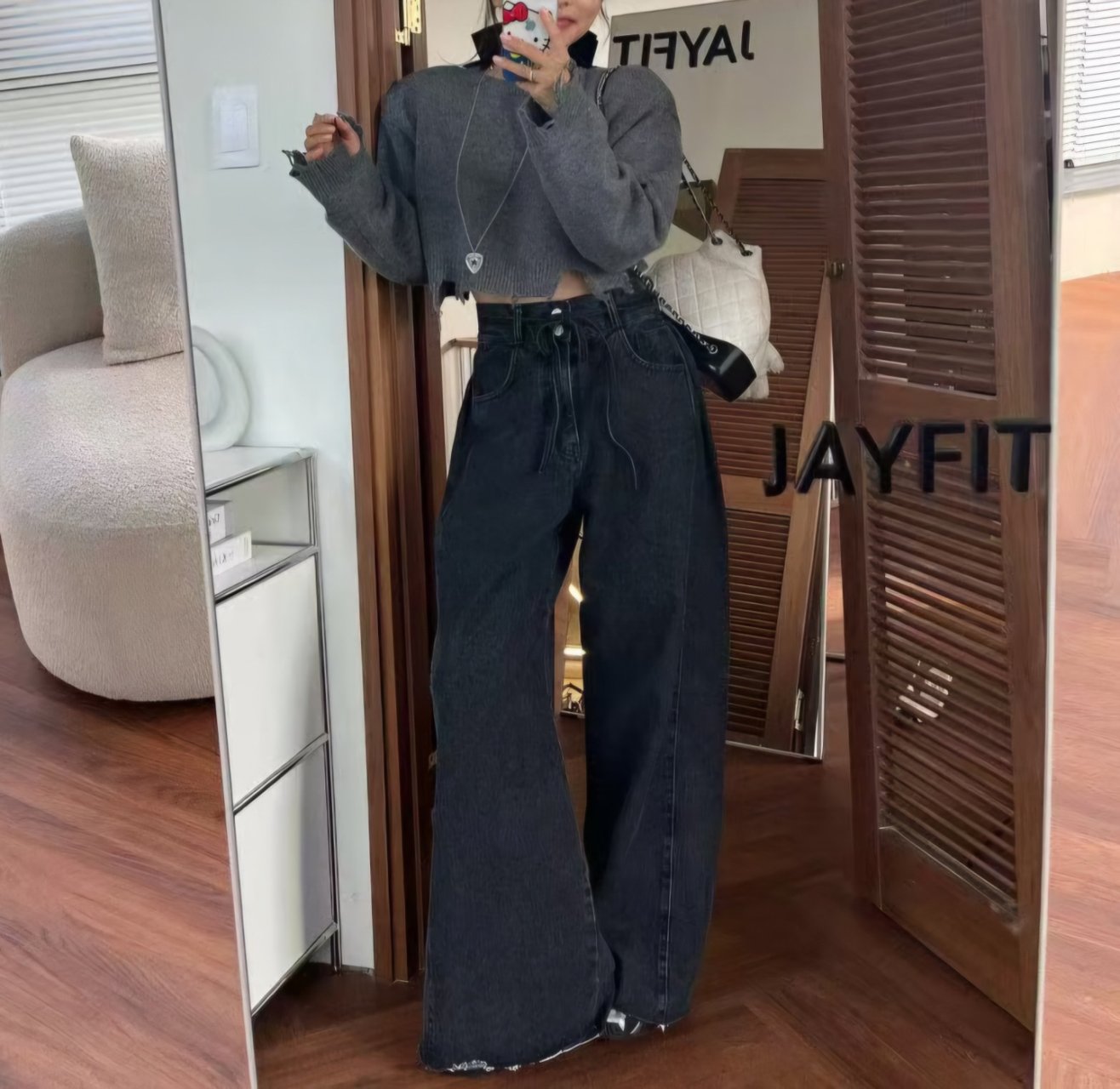 Two-Button Belted Wide Denim Pants