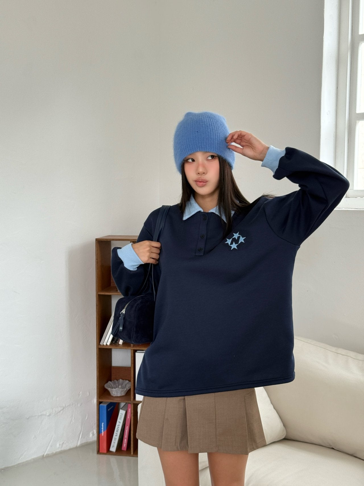 Winter Fleece Contrast-Collar Long-Sleeve Top