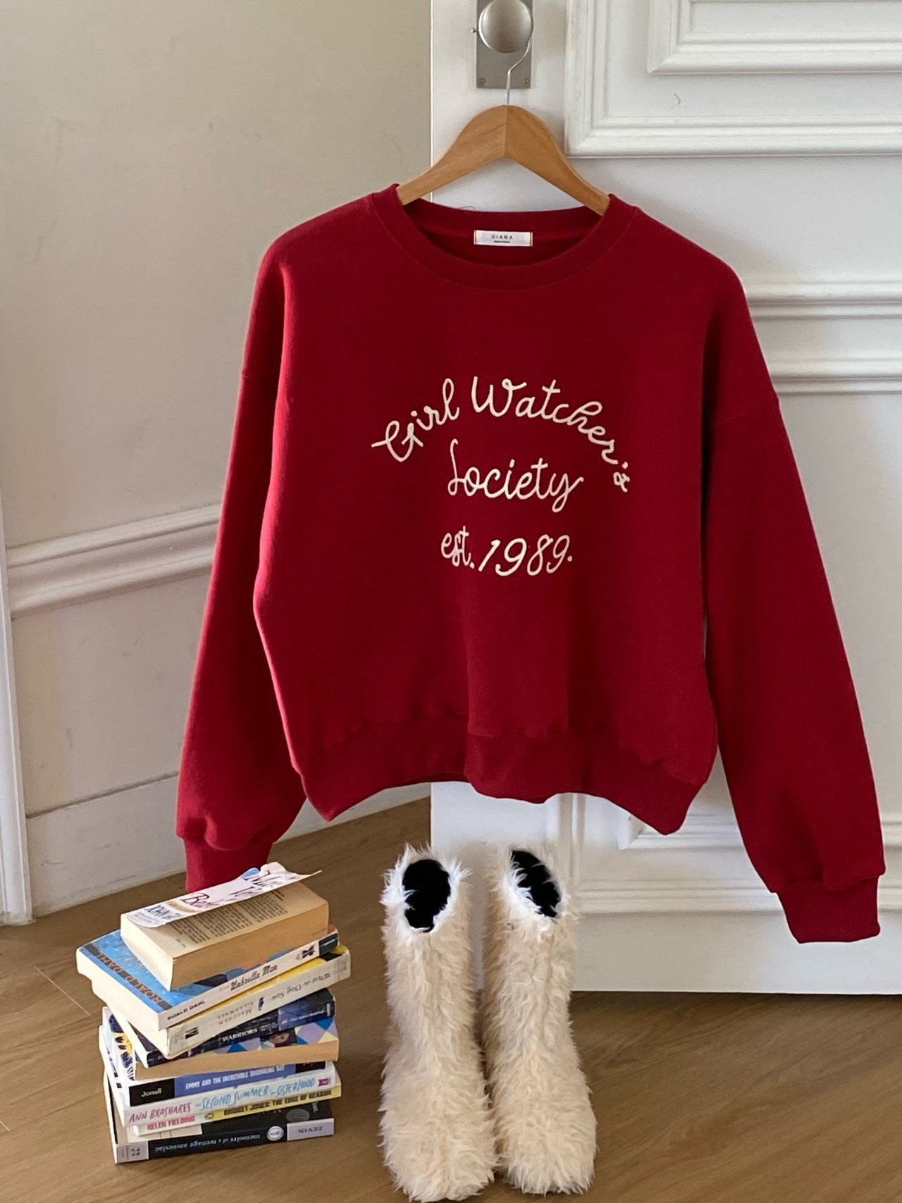 Girl Watcher Society Embroidery Cozy Brushed Fleece Sweatshirt Made in Korea