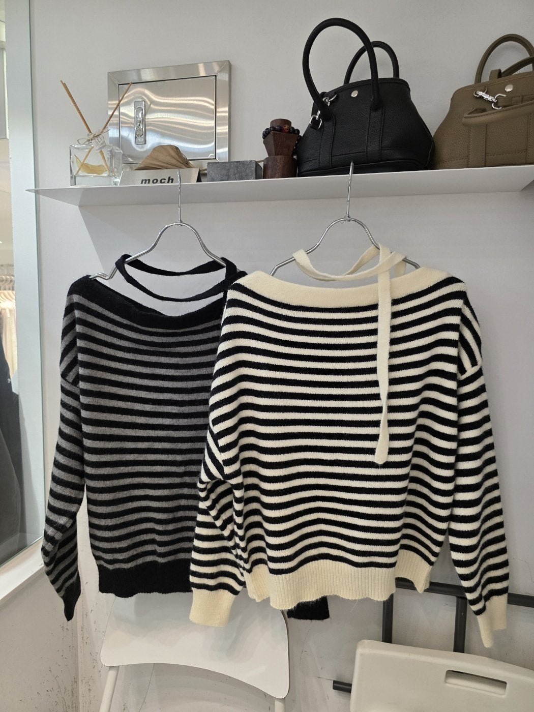 Off-Shoulder Tie Strap Stripe Knit Sweater