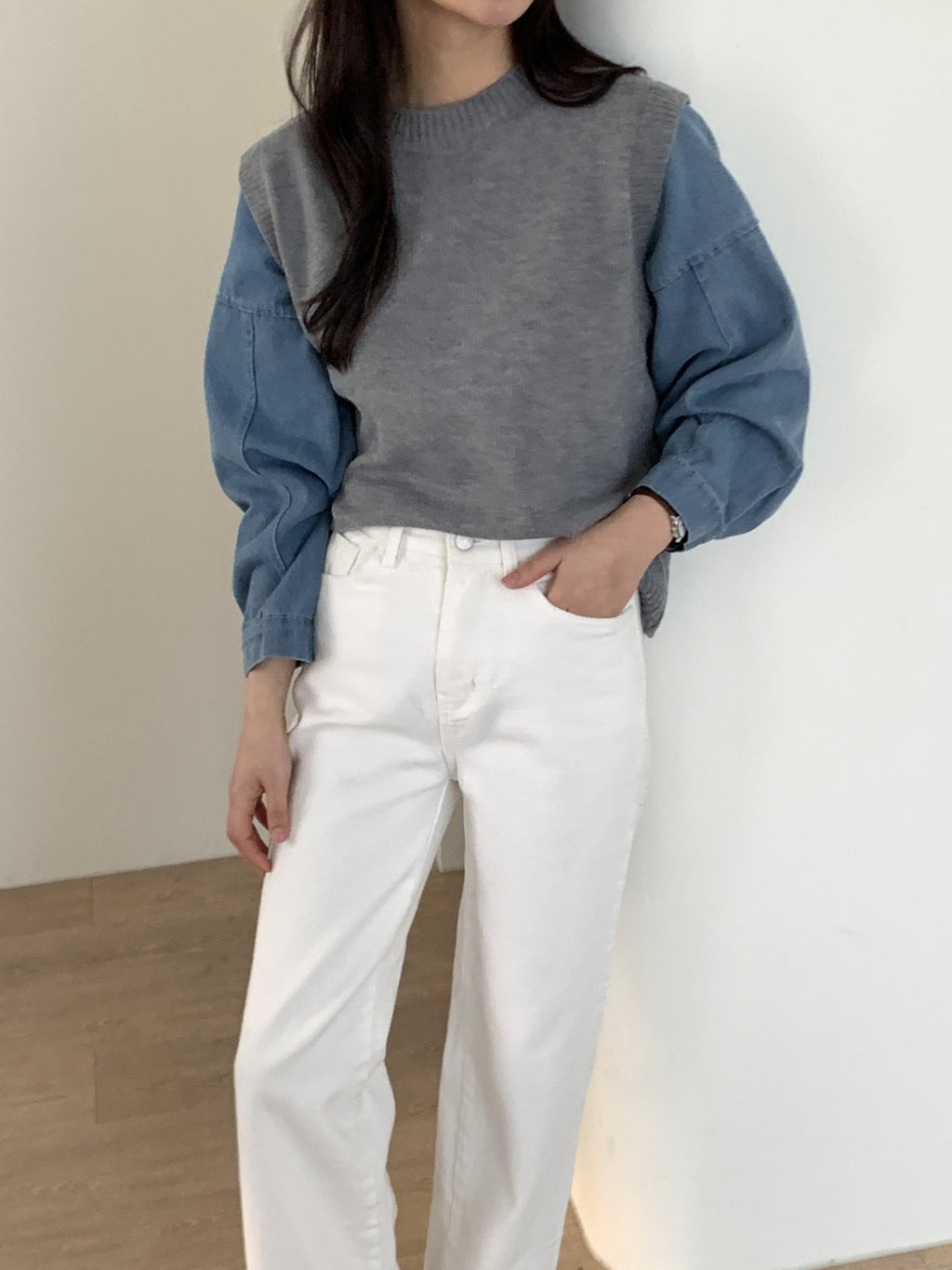 Denim Contrast Knit Pullover — Two-Tone Sleeve Layered Top